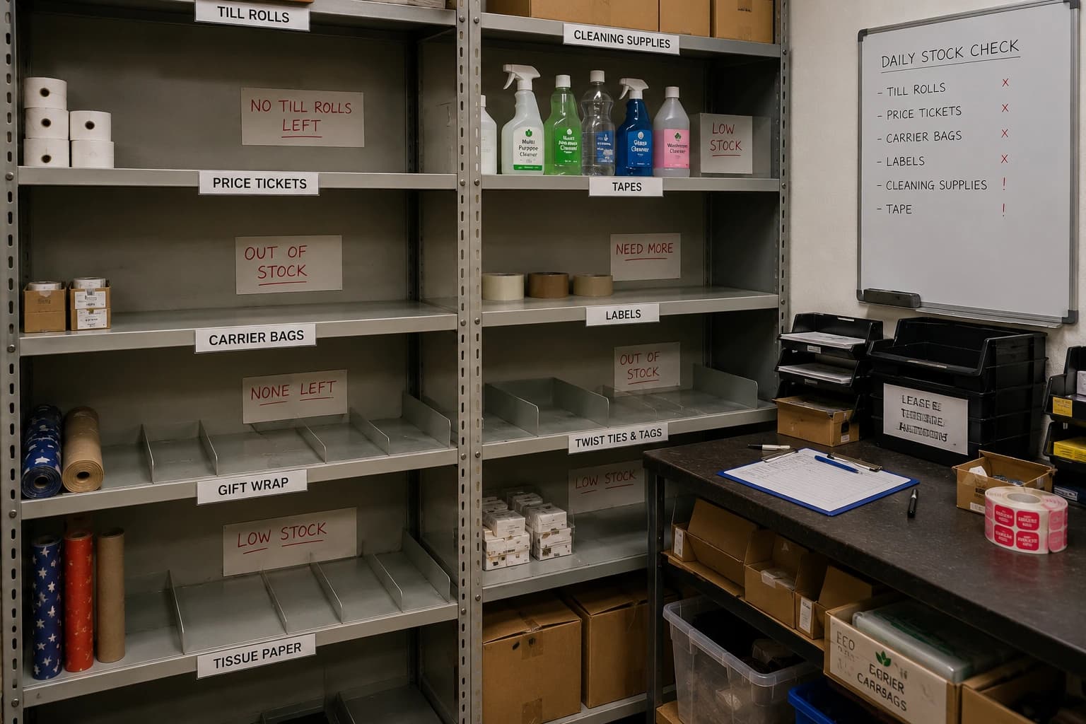 A tidy back-of-house stockroom with labelled shelves and a stock check board