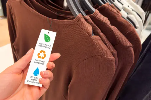 A recycled material swing tag on a garment