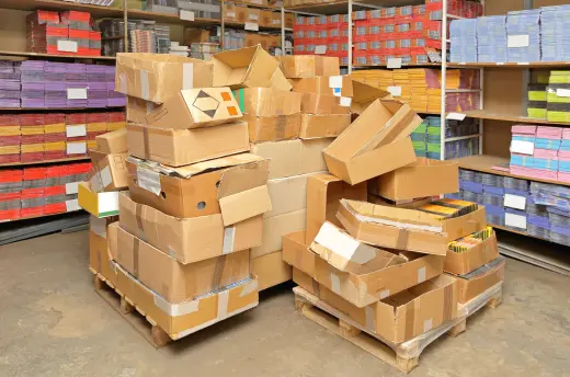 Stacked cardboard boxes in a crowded stockroom
