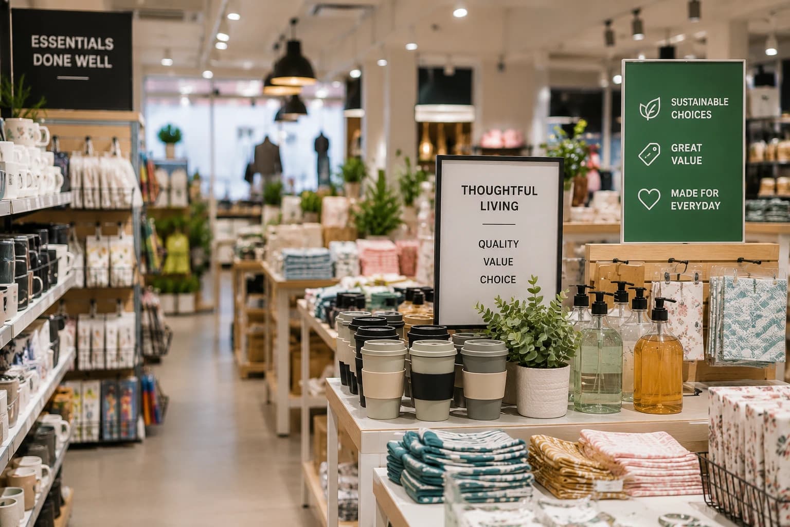 A calm, well merchandised store with clear shelf signage