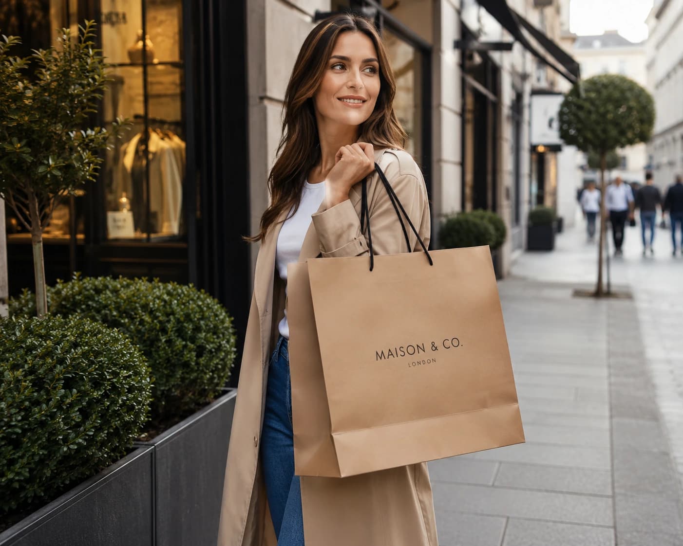 A shopper on the high street carrying paper carrier bags