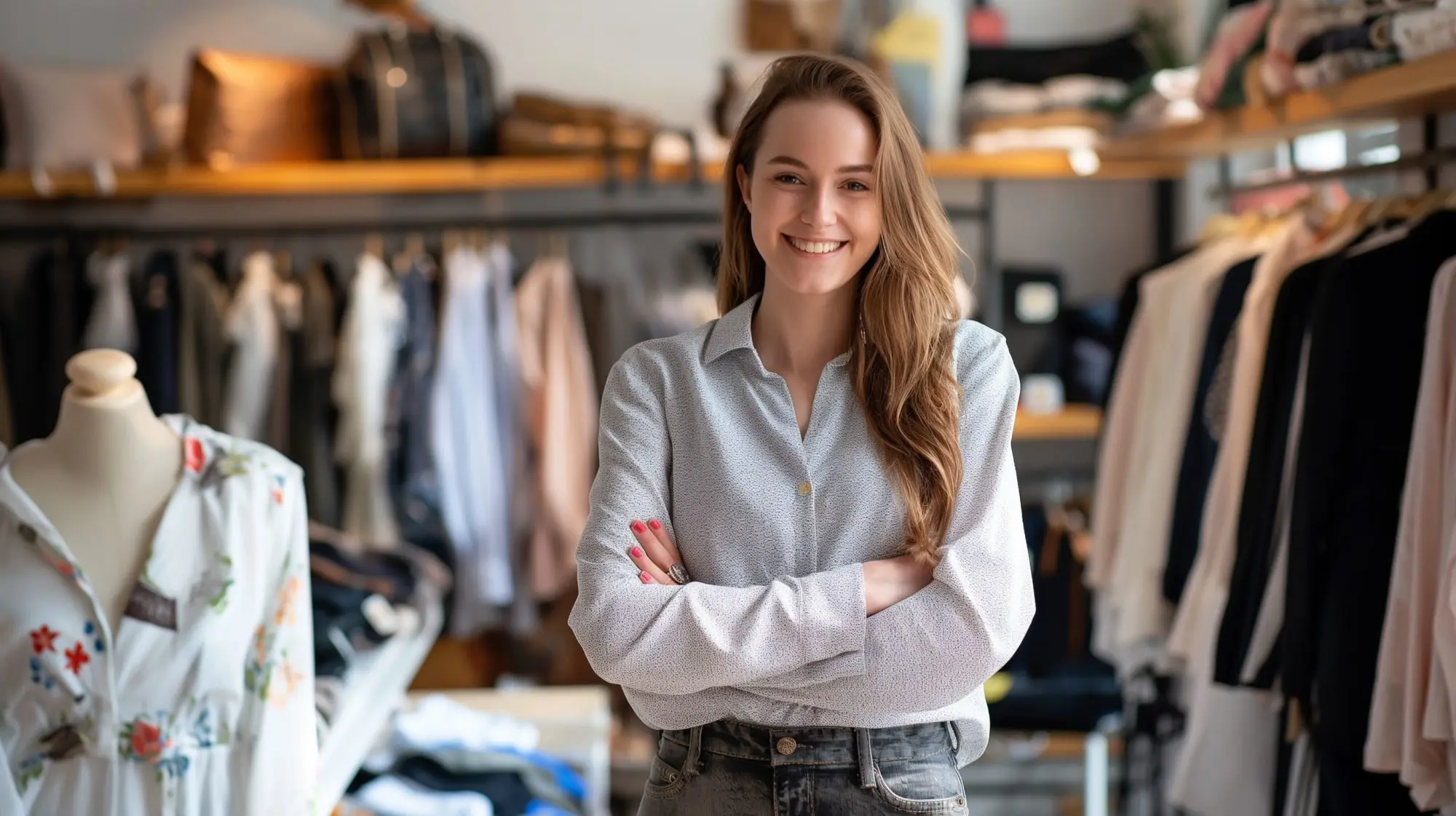 A smiling boutique owner among clothing rails